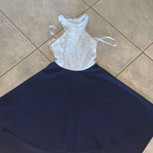 White and navy blue dress.